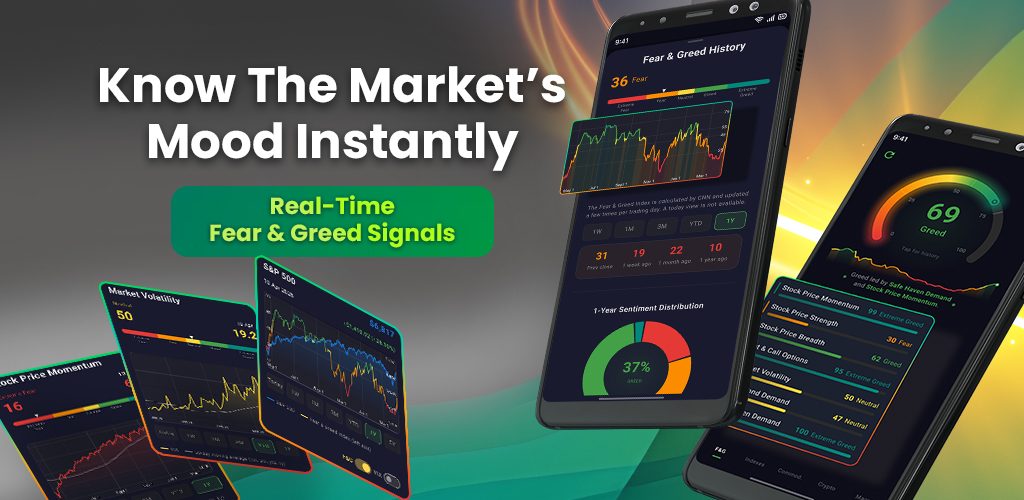 Fear & Greed app screens showing a fear and greed gauge, its history and the components behind it.